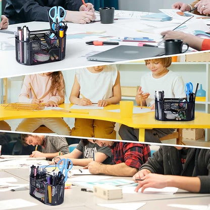 Black Mesh Pen Holder Desk Organizer Cute Office Supplies Pencil and Marker Organizers Oval Desk Caddy with 8 Compartments and 1 Drawer Workspace Accessories for Office School Home