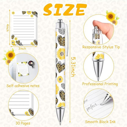 20 Pcs Sunflower Gift Set 4 Yellow Flower Makeup Bags for Women 8 Sunflower Sticky Notes and 8 Flower Ballpoint Pens Leopard Black Ink Writing Pens for Office Study Journaling Writing Gift