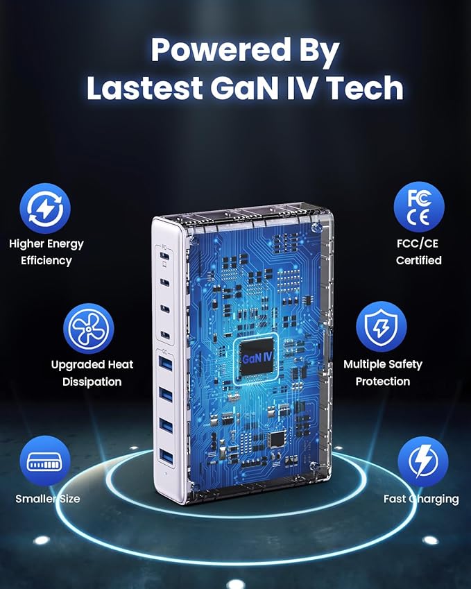 200W USB C Charger Block,GaN IV Charging Station 8 Ports,QC4.0 Fast Charging Station Hub+PD 65W USB C Laptop Charger Adapter Compatible with MacBook Air/Pro,DELL,iPhone 17/16/15,iPad,Steam Deck-Purple