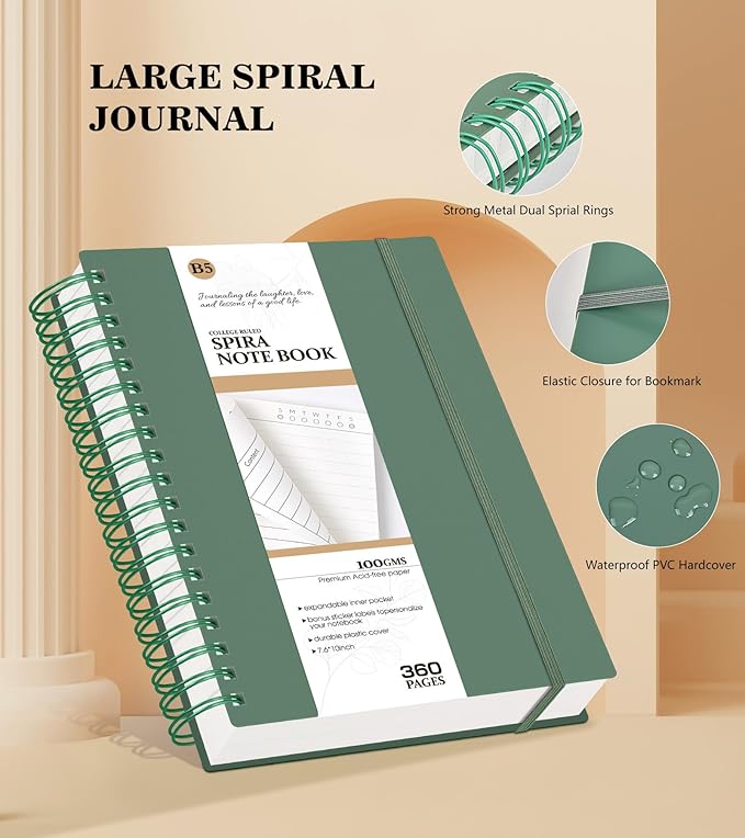Spiral Notebook Journal College Ruled 8.5''x 11'', 360 Pages Lined Thick Journals for Women Men, A4 Large Spiral Notebooks with 100GSM Paper, Spiral Journaling for Writing Work, School Green