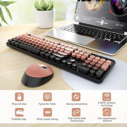 Wireless Keyboard and Mouse Combo, Ergonomic Full Size Typewriter Retro Round Keycaps Keyboard, Compatible with Windows, PC, Perfer for Home and Office Keyboards (Aurora Red)