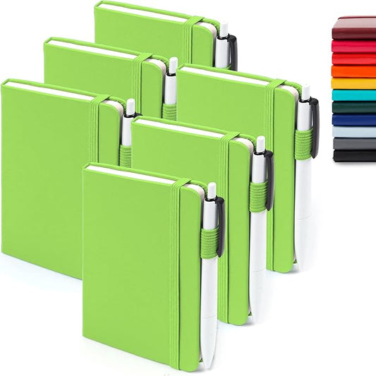 feela 6 Pack Pocket Small Notebooks Bulk, Mini Cute Memo Notepads Hardcover College Ruled Lined Journals with Pen Holder for Women Girls Office School, with 6 Black Pens, 3.5”x 5.5”, A6, Green