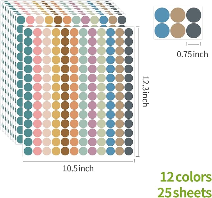 REGELETO Boho 4200 PCS 0.75 Inch 12 Colors Round Colored Dot Stickers for Toddlers Teaching Papers, Color Coding Labels, Circle Dots Stickers for Office and Student Classroom (25 Sheets)