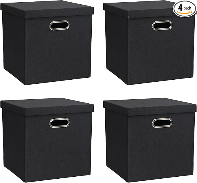 Storage Bins with Lids, Collapsible Linen Fabric Boxes Organizer Containers with Lid Foldable Storage Box Basket for Closet, Shelves, Home, Office, 12 x 12 x 12.4 Inch, 4 Pack, Black