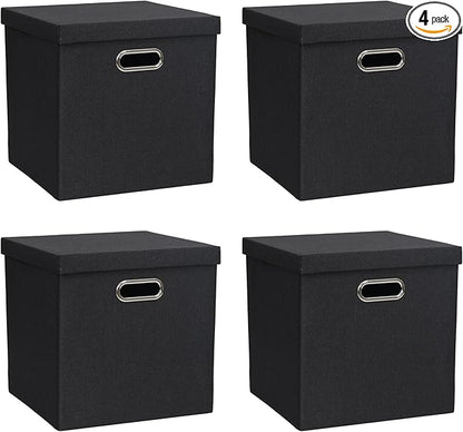 Storage Bins with Lids, Collapsible Linen Fabric Boxes Organizer Containers with Lid Foldable Storage Box Basket for Closet, Shelves, Home, Office, 12 x 12 x 12.4 Inch, 4 Pack, Black