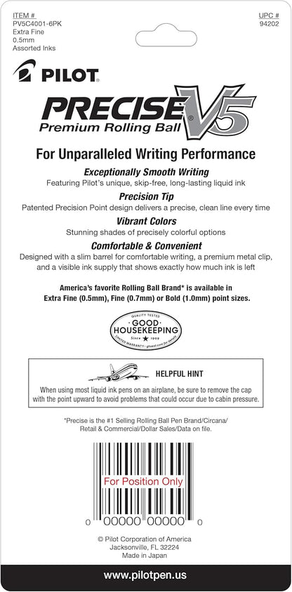 Pilot Precise V5 Capped Liquid Ink Rollerball Pens, Extra Fine Point Ink Pens 0.5 mm, Colored Pens, Assorted Colors, Pack of 4 - Ideal for School, Journaling, & Office Writing