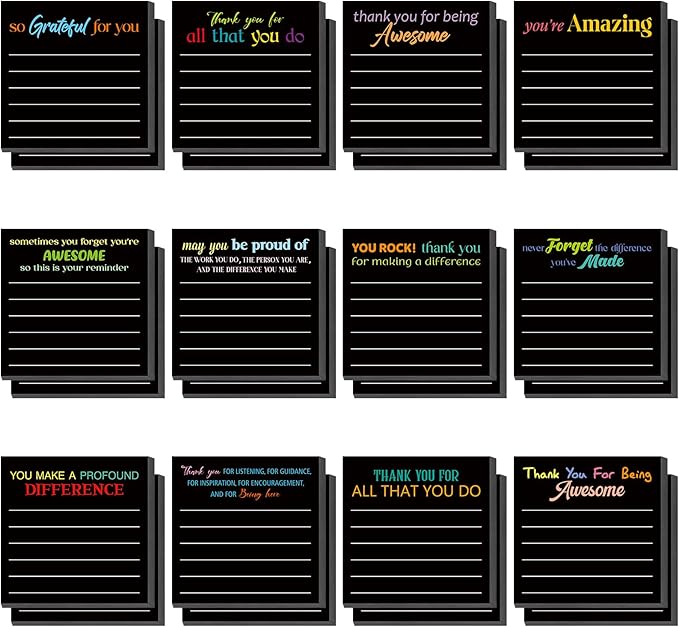 Yinder 24 Pcs Inspirational Sticky Notes Christmas Stocking Stuffers Motivational Sticky Notes Pad Employee Appreciation Gift Bulk for Teacher Nurse Coworker Office 3 x 3'' (Thank You,Black)