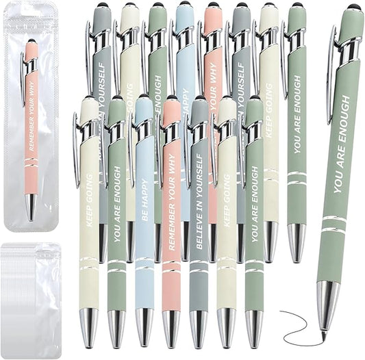 60 Pcs Inspirational Pens Kit with Stylus Tip & Sayings – 30 Motivational Pen + 30 Individual Bags – Uplifting Quote & Positive Ideas – For Teachers, Office, School, Meetings, Team Events(Foggy Hues)