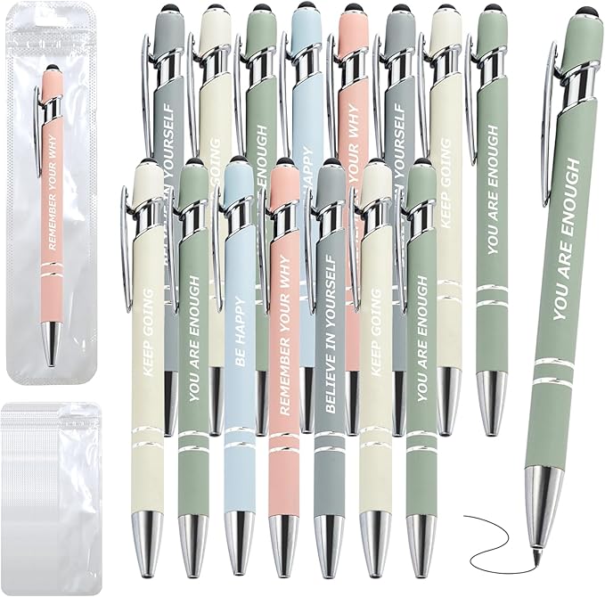 100 Pcs Inspirational Pens Kit with Stylus Tip & Sayings – 50 Motivational Pen + 50 Individual Bags – Uplifting Quote & Positive Ideas – For Teachers, Office, School, Meetings, Team Events(Foggy Hues)