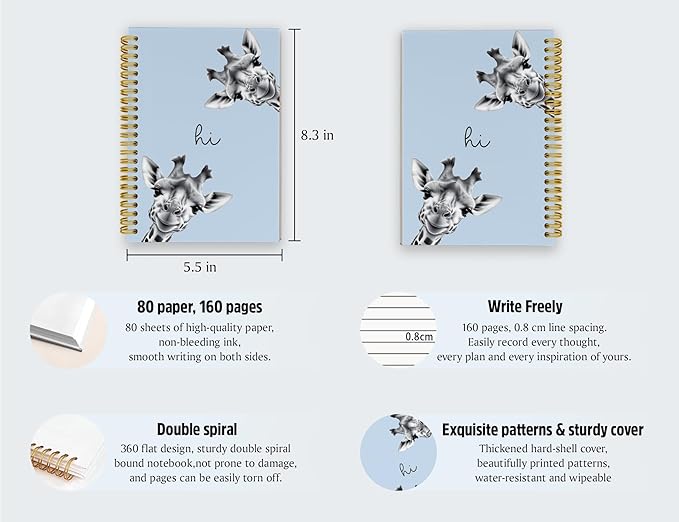 Giraffe Notebook Journal,Blue Cute Animal Notebook Journal for School Women Teen Girls Kids,Giraffe Gifts for Animal Lovers,Hardcover Spiral Notebooks for Work Notes Journaling,5.5x8.3 Inch
