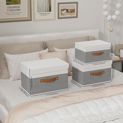 Yawinhe Collapsible Storage Bin, Cube Organizer Basket, Fabric Box with Lids, Washable and Leather Handle, for Home, Closet, White/Grey, 13.0''Lx9.0''Wx7.9''H, 7-Pack, SNK024WGS-7