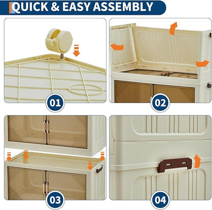 Garvee 380QT Stackable Storage Bins, Plastic Bins for Storage with Lids, Plastic Storages Drawers with Magnetic Doors & Wheels, Foldable Collapsible Closet Organizers for Home, Dorm, Office, White