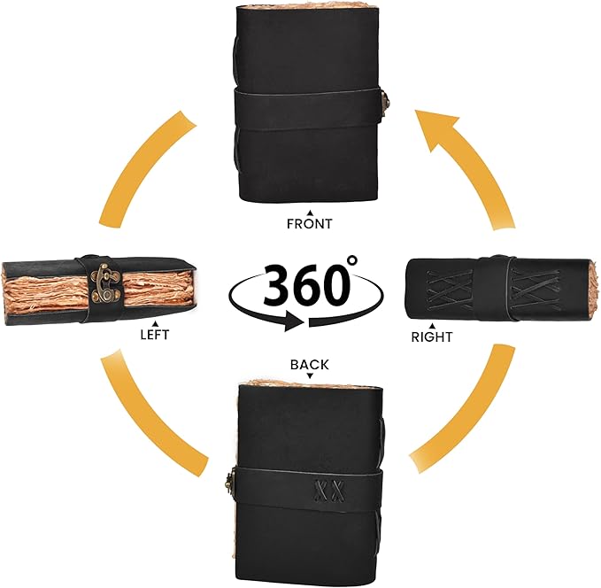 LEATHER VILLAGE Leather Bound Vintage Journal for Women & Men - Book of Shadows - Lock Closure - 200 Pages of Antique Deckle Edges Handmade Paper - Rustic Black Color - 10 X 7 inches