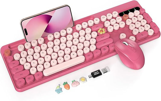Wireless Keyboard and Mouse Combo, Retro Round Keycaps, Full-Size Cute Typewriter Keyboard with Large Phone/Tablet Holder, Auto-Sleep, 2.4GHz Cordless Connection for Windows/PC/Laptop