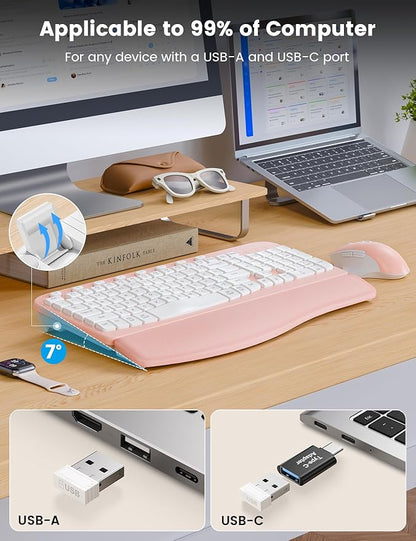 SABLUTE Wireless Keyboard and Mouse Combo, Ergonomic Wave Keys, Cushioned Plam Rest, Comfortable Silent Natural Typing, 2.4G Lag-Free, Full Size Keyboards Cordless Set for Multi-OS, Windows/Mac, Pink