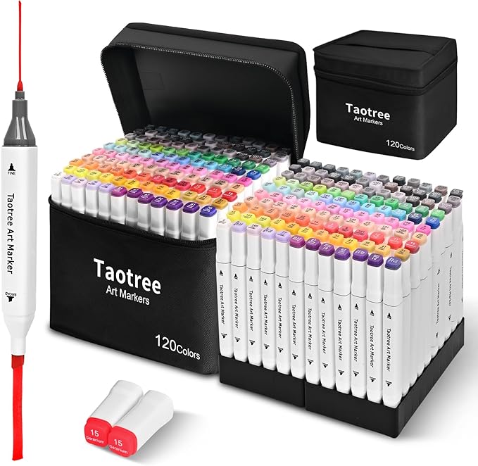 Taotree Alcohol Markers 120 Colors with Case & Holders, Dual Tips Art Coloring Markers Pens, Chisel & Fine Sketch Pens Art Supplies for Artist Kids Adult Coloring Books Drawing, Painting, Sketching