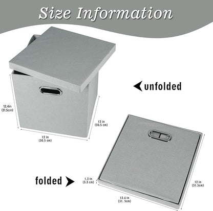 Storage Bins with Lids, Collapsible Linen Fabric Boxes Organizer Containers with Lid Foldable Storage Box Basket for Closet, Shelves, Home, Office, 12 x 12 x 12.4 Inch, 4 Pack, Gray
