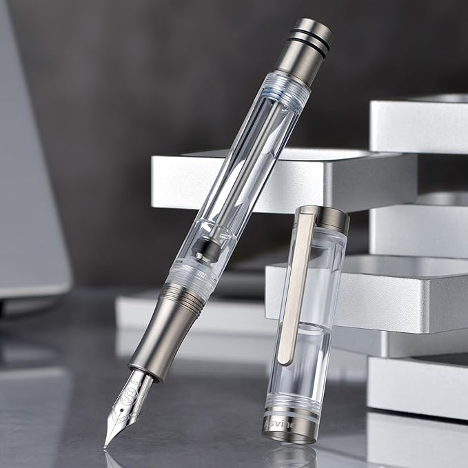 Asvine V200 Titanium Fountain Pen Vacuum Filling, Germany Bock Fine Point Clear Transparent Acrylic Smooth Writing Pen Case