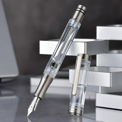 Asvine V200 Titanium Fountain Pen Vacuum Filling, Bock Medium Nib Clear Transparent Acrylic Smooth Writing Pen Case Set