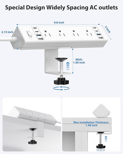 40W Fast Charging Station,Desk Clamp Power Strip 20W USB C,8 Outlets,8 USB Ports,4 USB C and 4 USB A, Office Furniture Surge Protector, 14AWG Cord, Fits 1.9" Tabletop Edge (White, 10FT Length)