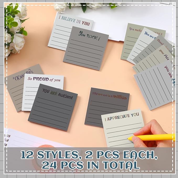 Yinder 24 Pcs Inspirational Sticky Notes Christmas Stocking Stuffers Motivational Sticky Notes Pad Employee Appreciation Gift Bulk for Teacher Nurse Coworker Office 3 x 3'' (Appreciation,Neutral)
