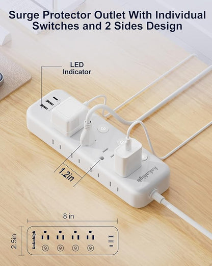 15FT Heavy Duty Extension Cord with Individual Switches on Off, 1875W Appliance Extension Cord with USB Ports, 8 outlets, High Wattage for Microwave, Aquarium, Kitchen, Garage Must Have