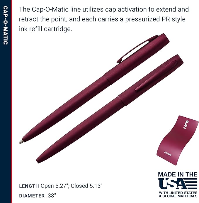 Fisher Space Pen Cap-O-Matic Pen, Ballpoint, Black Cherry, Cerakote Finish, Pocket Clip, Black Ink