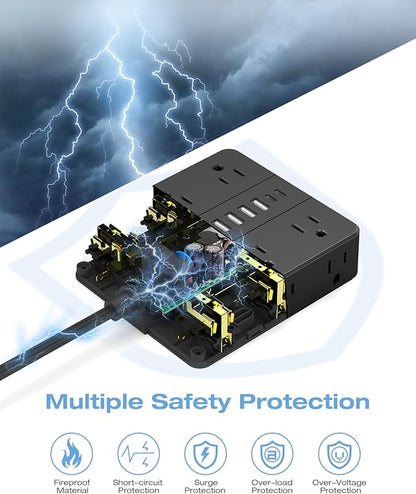 10FT Surge Protector Power Strip,12 AC Outlets with 6 USB Ports (2 USB-C), Flat Plug Extension Cord with Multiple Outlets, Wall Mount for Home Office,Dorm,Black