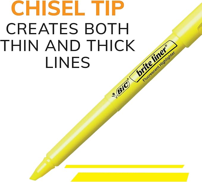 BIC Brite Liner Highlighters, Chisel Tip, 12-Count Pack of Yellow Highlighters, Ideal Highlighter Set for Organizing and Coloring