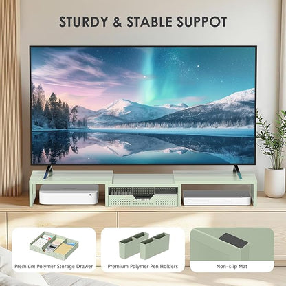 Desk Organizers and Accessories, Dual Monitor Stand Riser with Drawer and 2 Pen Holders, Desk Shelf Metal Computer Monitor Stand for Office Workspace Organizers, Desktop Organization (Green)