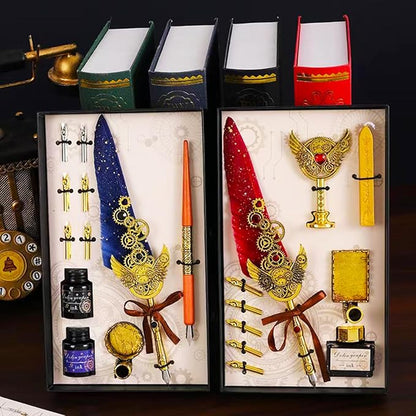 Quill Feather Pen and Ink Set,Calligraphy Set,Calligraphy Kits Include Antique Quill Feather Pen,Handcraft Wooden Pen,6 Nibs,2 Bottles Inks,Pen Holder for Beginners Birthday Gift（blue）