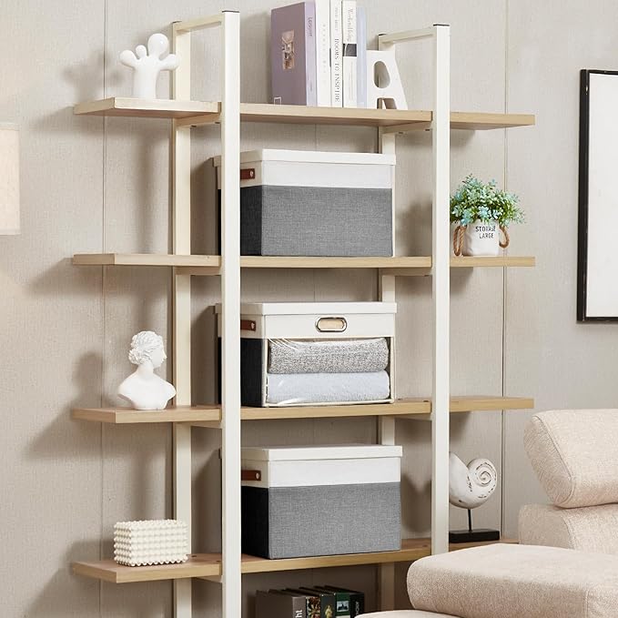 Fabric Clear Window Storage Bins with Lid, Closet Storage Box Linen Closet Baskets with 3 Handles for Organizing Clothing, Jeans, Shelves 15''- 3 Pack (Gray and White)