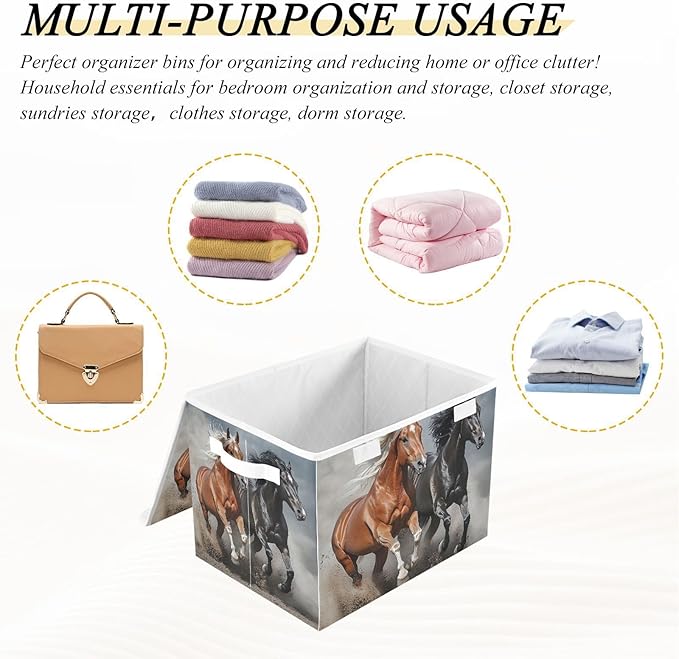 Running Horses Storage Bins Box with Lids Collapsible Fabric Storage Basket Lidded Cube Storage Containers for Organizing Shelves Closet Office