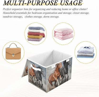 Running Horses Storage Bins Box with Lids Collapsible Fabric Storage Basket Lidded Cube Storage Containers for Organizing Shelves Closet Office