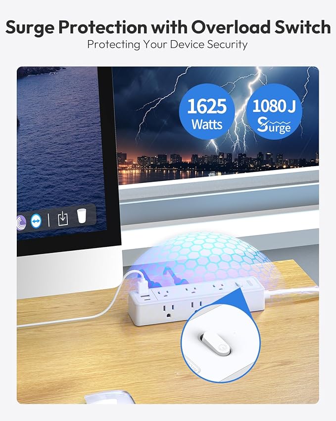 Surge Protector Power Strip 10 FT, Flat Extension Cord with 9 Widely Outlets 3 USB Ports(1 USB C), 1080J, Flat Plug, 3 Side Extension Cord with Multiple Outlets, Mounted, for Indoor Home Office, White