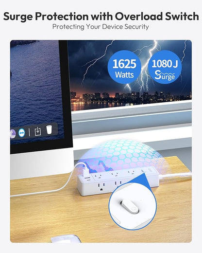 Surge Protector Power Strip, Flat Extension Cord with 9 Widely Outlets 3 USB Ports(1 USB-C), 1080 Joules, 5 FT, Multiple Outlets, Wall Mount, Flat Plug for Indoor Home Office, Dorm Essentials, White