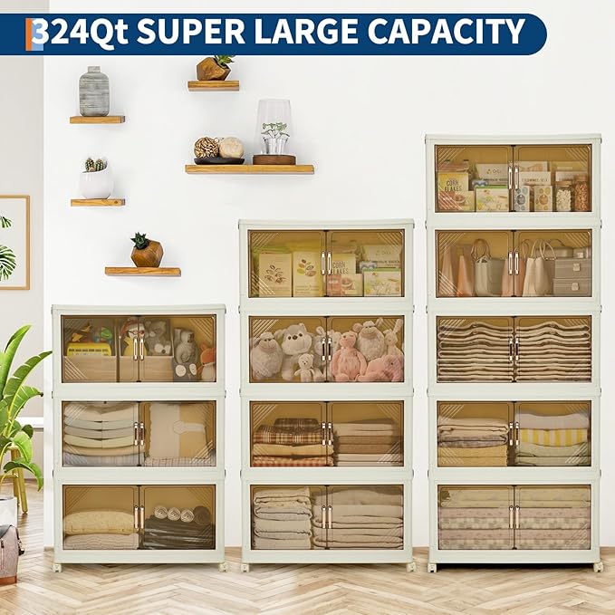 Garvee 324QT Stackable Storage Bins, Plastic Bins for Storage with Lids, Plastic Storages Drawers with Magnetic Doors & Wheels, Foldable Collapsible Closet Organizers for Home, Dorm, Office, White