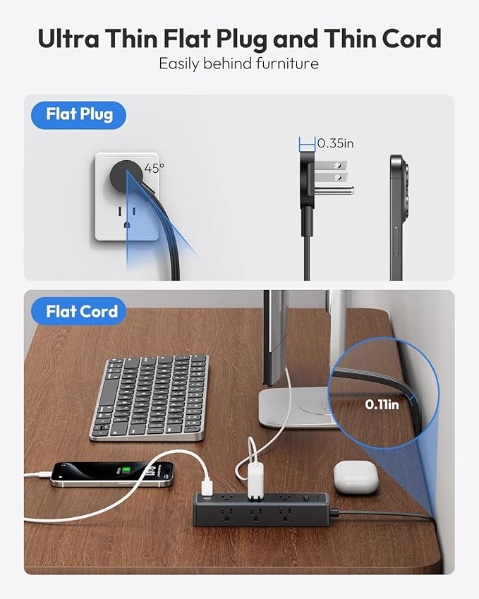 Surge Protector Power Strip,9 Widely Outlets and 3 USB Ports (1 USB-C), 1080 Joules, 10 FT Flat Extension Cord with Multiple Outlets, Wall Mount, Flat Plug, for Home Office, Dorm Essentials, White