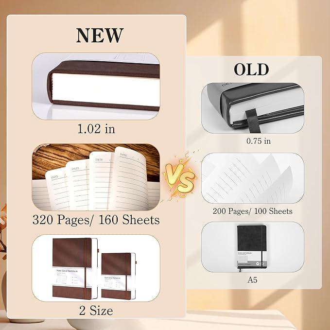 CAGIE Lined Journal Notebook for Men Women 320 Pages Leather Journals for Writing A5 Thick Hardcover Journaling Notebooks for Work Note Taking Diary, 5.7x8.3 in, Dark Brown