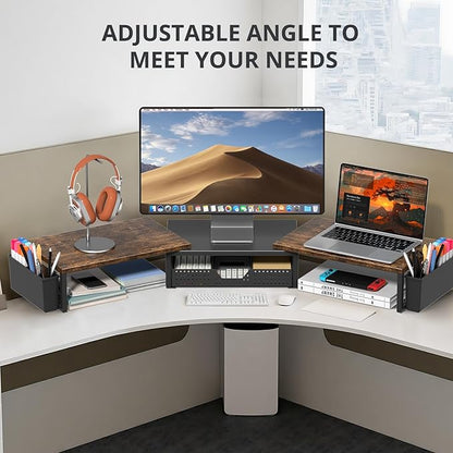 Desk Dual Monitor Stand Riser - Desk Organizer with Drawer and Pen Holders, Office Desk Accessories & Workspace Organization, Computer Monitor Stand for Laptop, Printer, TV, Office Decor, Wood