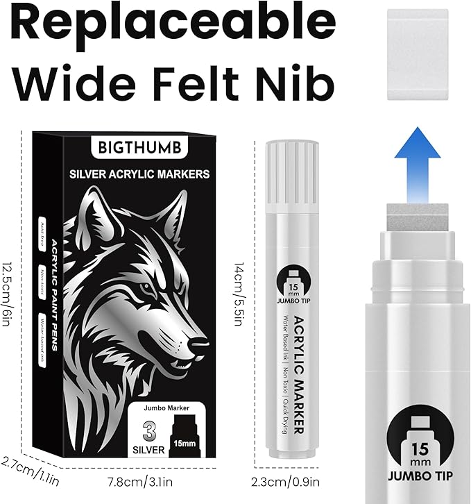 3 Pcs Silver Jumbo Permanent Markers: 15mm Wide Tip Thick Acrylic Paint Pen Large Calligraphy Marker for Rock Painting, Poster, Sign, Canvas, Glass, Wood, Ceramic