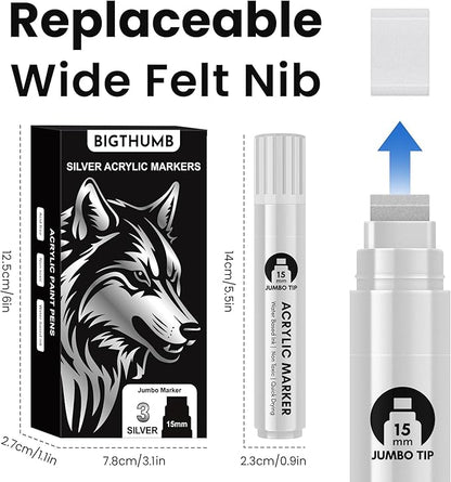 3 Pcs Silver Jumbo Permanent Markers: 15mm Wide Tip Thick Acrylic Paint Pen Large Calligraphy Marker for Rock Painting, Poster, Sign, Canvas, Glass, Wood, Ceramic