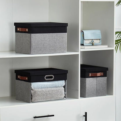 Fabric Clear Window Storage Bins with Lid, Closet Storage Box Linen Closet Baskets with 3 Handles for Organizing Clothing, Jeans, Shelves 15''- 3 Pack (Gray and Black)