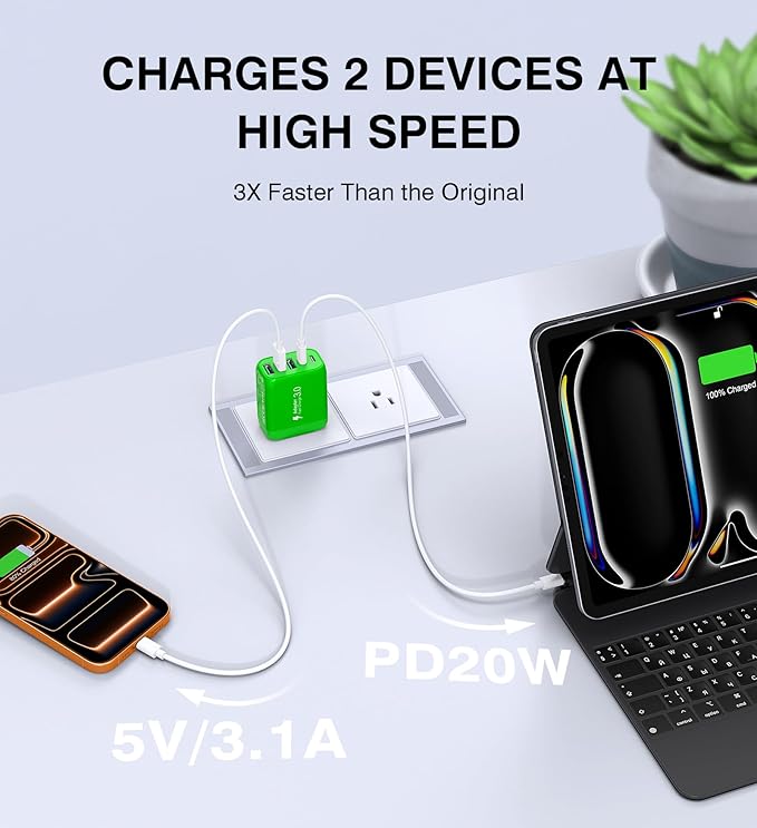 60W USB C Wall Charger Block,5-Port C Charger Fast Charging Block PD Power Adapter +QC 3.0 Multiport Type C Box Charger Cube USB A Wall Plug for iPhone 14/15/16/17 Pro Max Plus,Samsung(Green)(2-Pack)