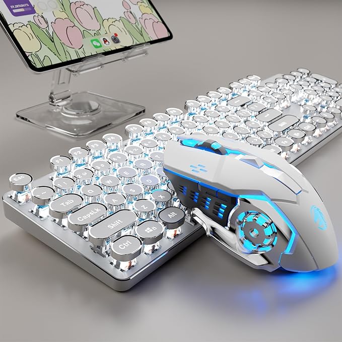 TK950 Wireless Typewriter Keyboard and Mouse Combo,104 Keys Retro Typewriter Mechanical Keyboard with White Backlit, Anti-Ghosting, Blue Switch, Bluetooth/2.4G/Wired Cute Gaming Keyboards-White