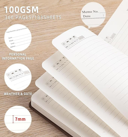 Lined Journal Notebook 365 Pages, A5 Leather Journals for Writing Women & Men, Hardcover Notebook with 100GSM Thick Paper, Daily Journal Notebook for Travel, Work, School, Note Taking, College Ruled