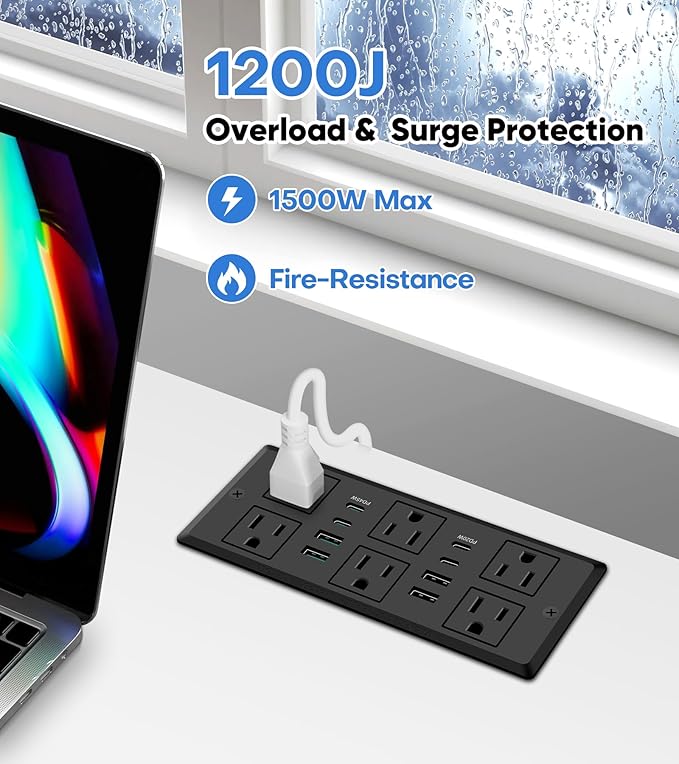 45W Recessed Power Strip, Flush Mounted Surge Protector(1200J) with 6 AC Outlets & 8 USB Ports(4 USB-C), 45°Flat Plug, 6FT Flat Power Cord(Black)