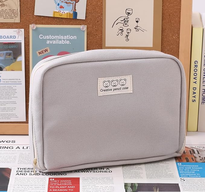 Pencil Case Pouch Box Cute Kawaii Large Capacity Aesthetic Zipper Pen Holder Organizer Bag for Office Workspace Supplies Desk Accessories Travel (Light Grey)