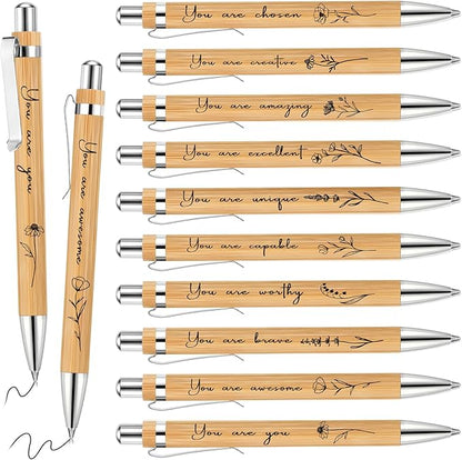 10 Pcs Inspirational Bamboo Pens Flower Ballpoint Pens Bulk with Black Ink Employee Appreciation Thank You Gift for Women Men Coworker Staff Christmas School Office Party Favors Supplies