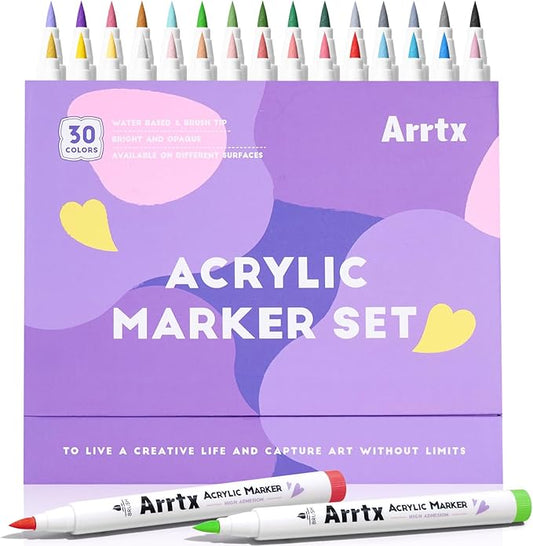 Arrtx Acrylic Markers 30A,Brush Tip Acrylic Paint Pens Markers for Rock Painting, Wood, Ceramic,Glass,Canvas,Metal,Plastic, Fabric, Stone & DIY Projects